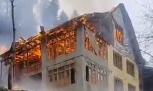 Fire ravages three-story house in Tarkanjan Boniyar, Baramulla, causing extensive damage.